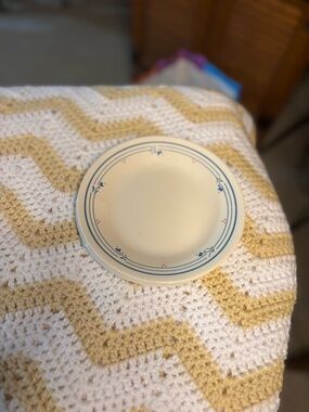 Corelle Cream small plate set with Blue Trim and Small Red Accents